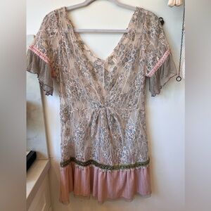 Free People Lace BoHo blouse ruffle sleeve sheer shirt top